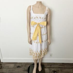[Anthropologie] Hazel Floral Embroidered Midi Dress Bow White Yellow Sz Large L